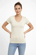 T-Shirt V Yaka Slim Fit Likralı Tişört Günlük Basic Body - Taş (183958)