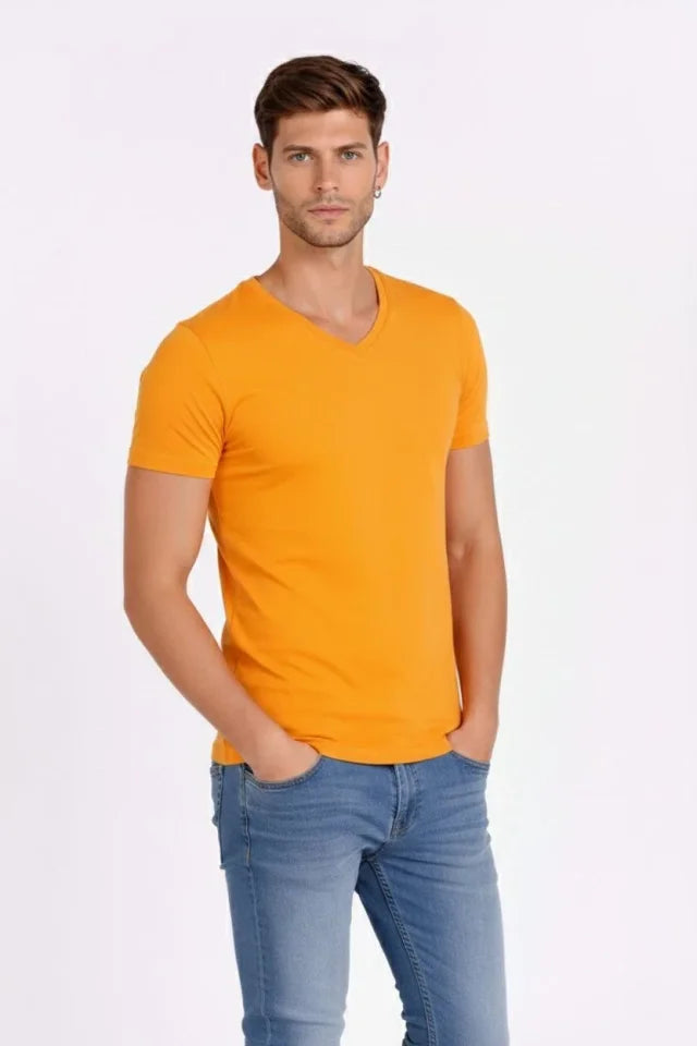 Erkek T-Shirt V Yaka Slim Fit Dar Kesim Likralı Tişört Günlük Basic Body - Sarı (184020)