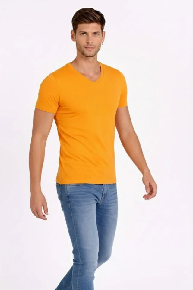 Erkek T-Shirt V Yaka Slim Fit Dar Kesim Likralı Tişört Günlük Basic Body - Sarı (184020)