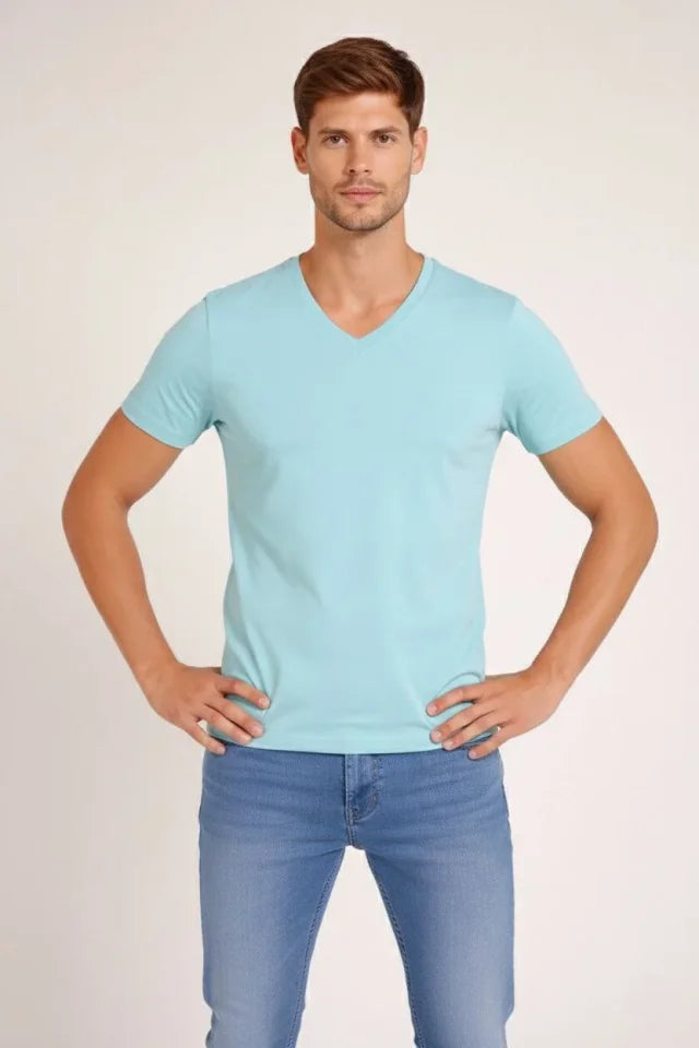 Erkek T-Shirt V Yaka Slim Fit Dar Kesim Likralı Tişört Günlük Basic Body - Turkuvaz (184023)