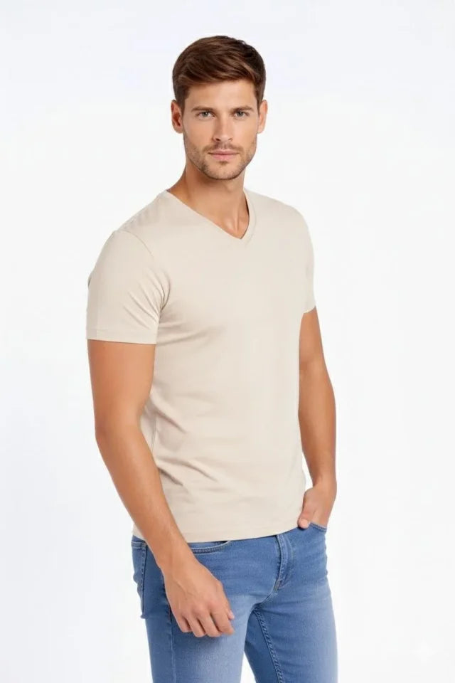 Erkek T-Shirt V Yaka Slim Fit Dar Kesim Likralı Tişört Günlük Basic Body - Taş (184024)