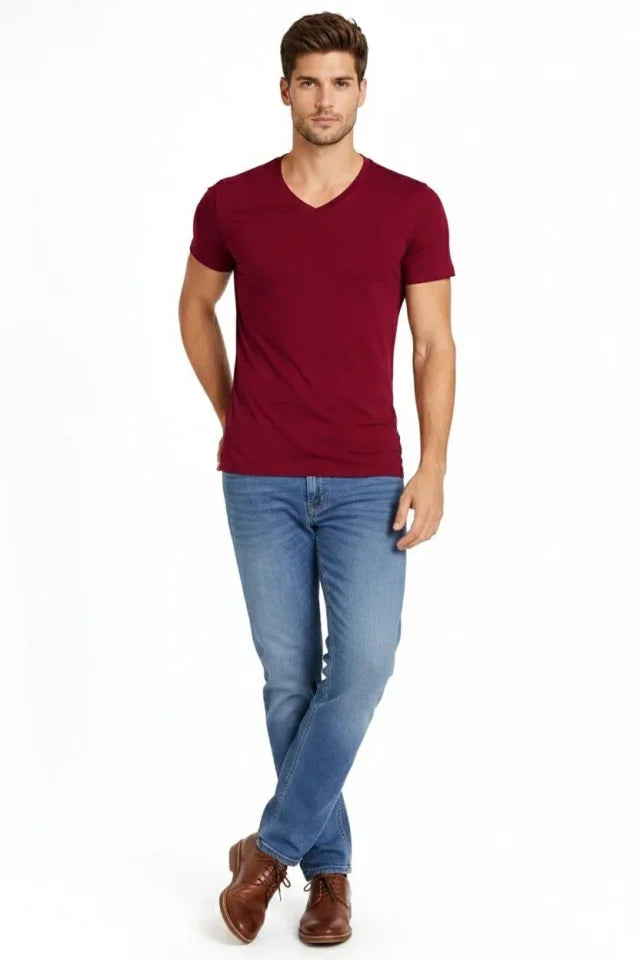Erkek T-Shirt V Yaka Slim Fit Dar Kesim Likralı Tişört Günlük Basic Body - Bordo (184025)