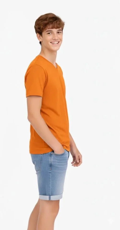 Genç Erkek Çocuk V Yaka Tişört Yazlık Model Günlük Basic Body - Turuncu (184036)