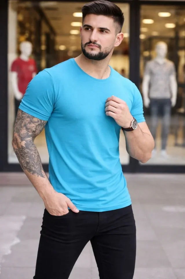 Erkek T-Shirt Bisiklet Yaka Slim Fit Dar Kesim Likralı Tişört Günlük Basic Body - Açık Mavi (184092)