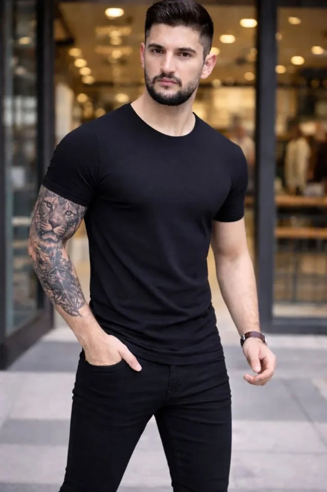 Erkek T-shirt Bisiklet Yaka Slim Fit Dar Kesim Likralı Tişört Günlük Basic Body - Siyah (184093)