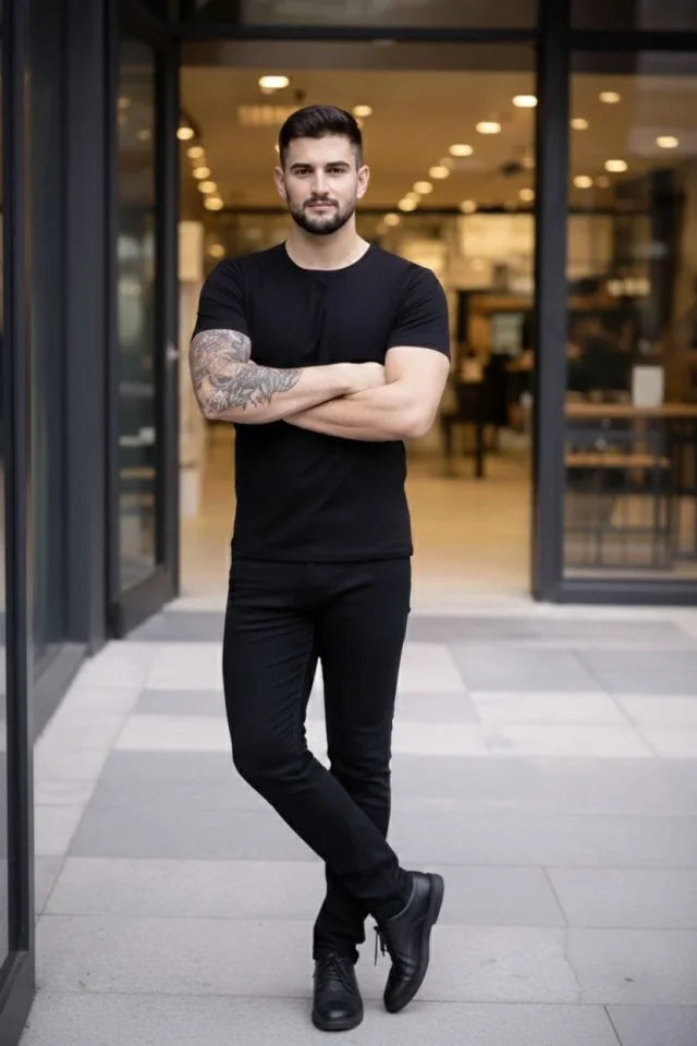 Erkek T-shirt Bisiklet Yaka Slim Fit Dar Kesim Likralı Tişört Günlük Basic Body - Siyah (184093)