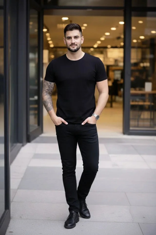 Erkek T-shirt Bisiklet Yaka Slim Fit Dar Kesim Likralı Tişört Günlük Basic Body - Siyah (184093)