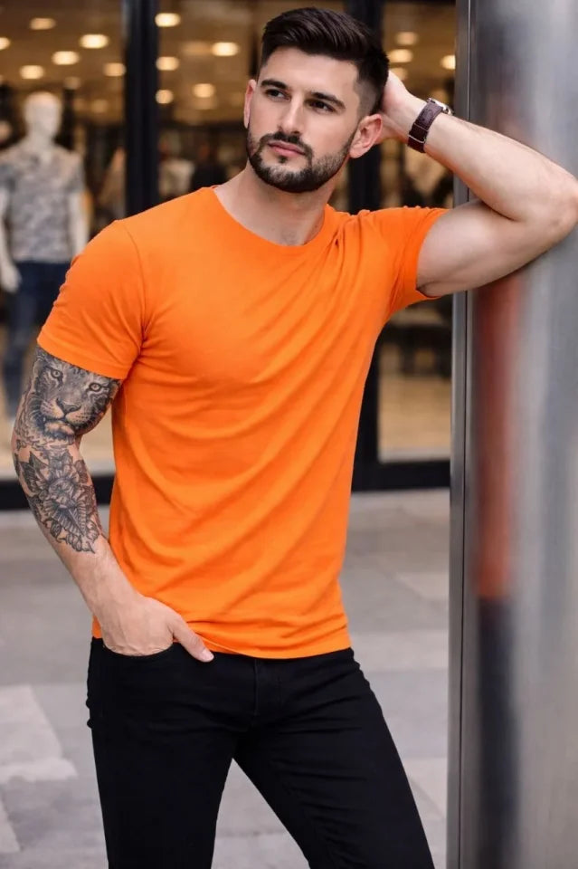Erkek T-Shirt Bisiklet Yaka Slim Fit Dar Kesim Likralı Tişört Günlük Basic Body - Turuncu (184095)