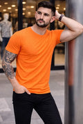Erkek T-Shirt Bisiklet Yaka Slim Fit Dar Kesim Likralı Tişört Günlük Basic Body - Turuncu (184095)