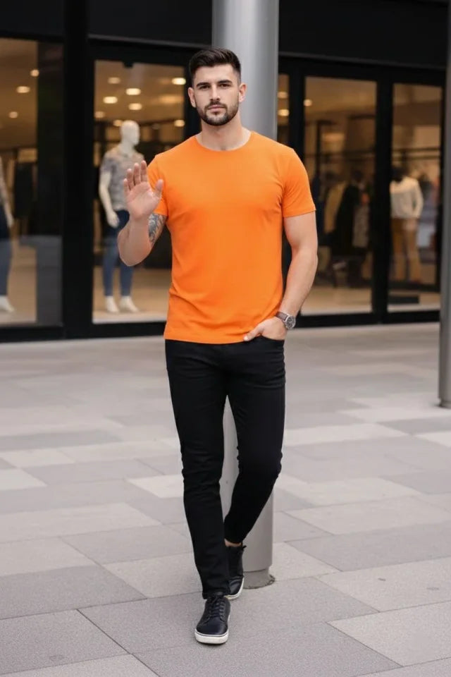 Erkek T-Shirt Bisiklet Yaka Slim Fit Dar Kesim Likralı Tişört Günlük Basic Body - Turuncu (184095)