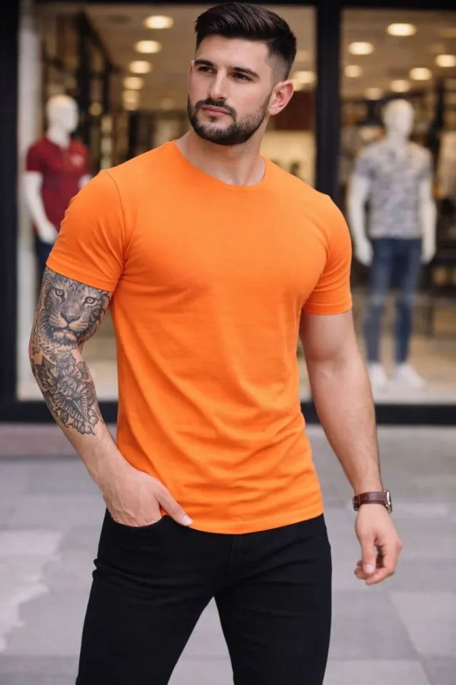 Erkek T-Shirt Bisiklet Yaka Slim Fit Dar Kesim Likralı Tişört Günlük Basic Body - Turuncu (184095)
