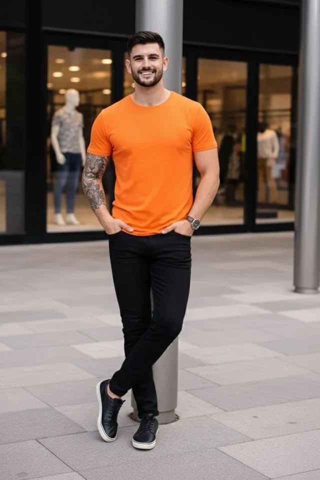 Erkek T-Shirt Bisiklet Yaka Slim Fit Dar Kesim Likralı Tişört Günlük Basic Body - Turuncu (184095)