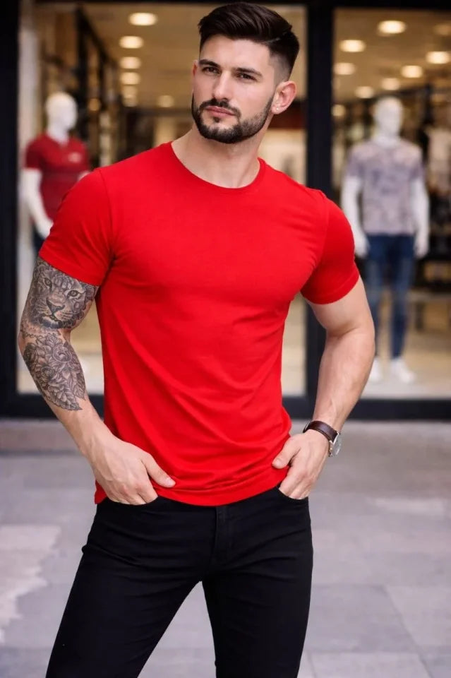 Erkek T-Shirt Bisiklet Yaka Slim Fit Dar Kesim Likralı Tişört Günlük Basic Body - Kırmızı (184096)