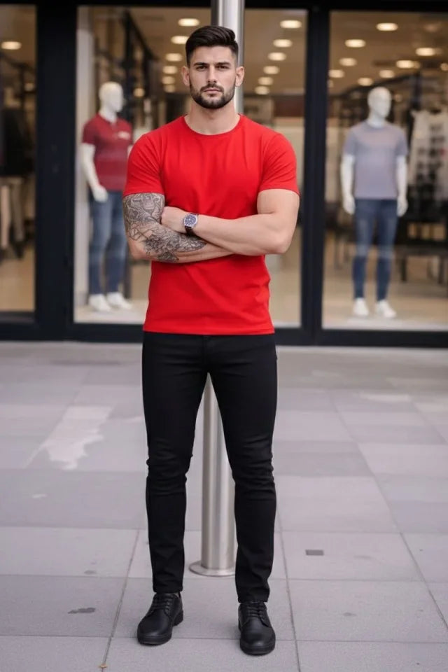 Erkek T-Shirt Bisiklet Yaka Slim Fit Dar Kesim Likralı Tişört Günlük Basic Body - Kırmızı (184096)