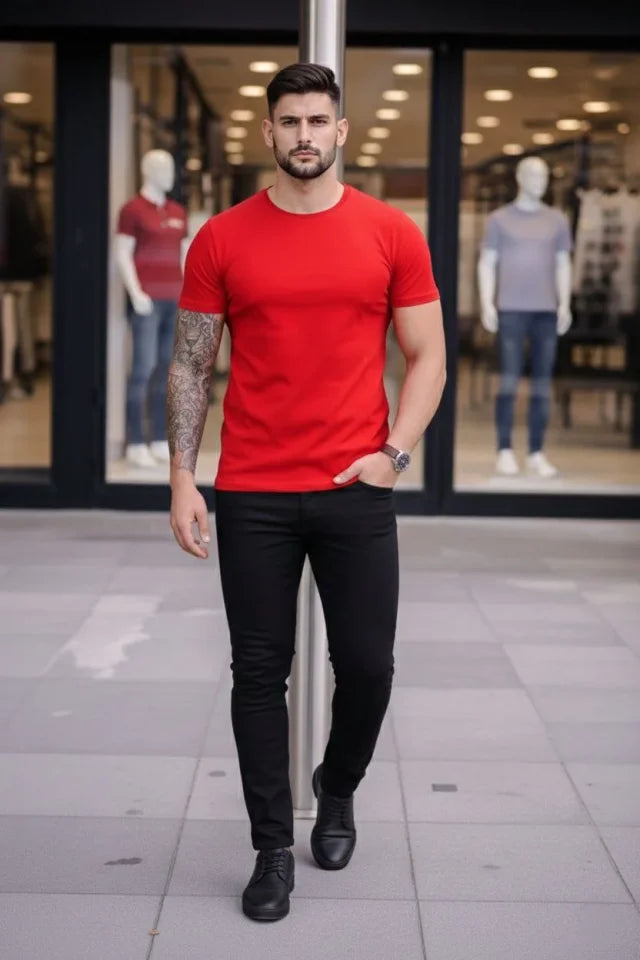Erkek T-Shirt Bisiklet Yaka Slim Fit Dar Kesim Likralı Tişört Günlük Basic Body - Kırmızı (184096)