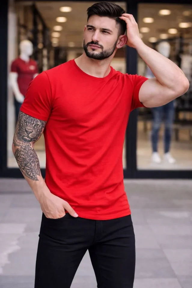 Erkek T-Shirt Bisiklet Yaka Slim Fit Dar Kesim Likralı Tişört Günlük Basic Body - Kırmızı (184096)