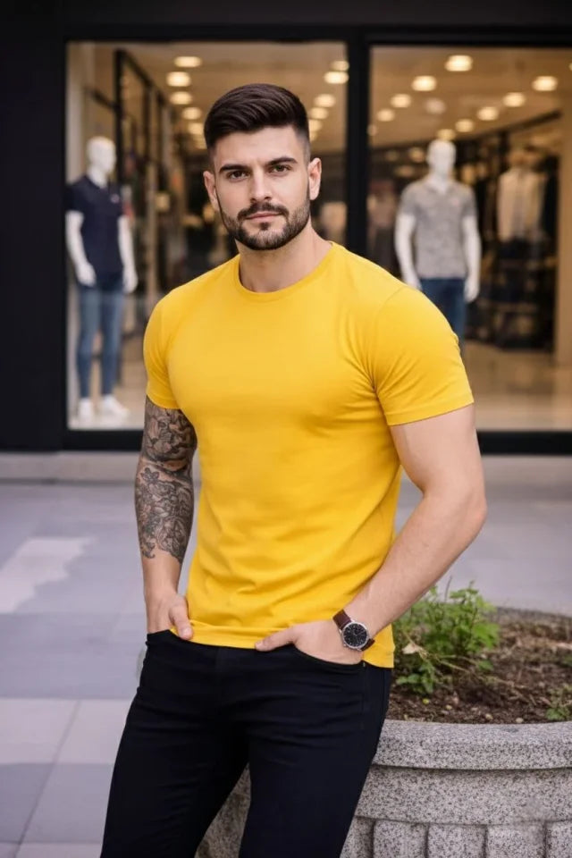 Erkek T-Shirt Bisiklet Yaka Slim Fit Dar Kesim Likralı Tişört Günlük Basic Body - Sarı (184098)
