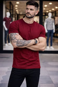 Erkek T-Shirt Bisiklet Yaka Slim Fit Dar Kesim Likralı Tişört Günlük Basic Body - Bordo (184099)
