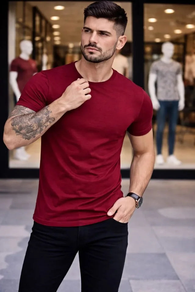 Erkek T-Shirt Bisiklet Yaka Slim Fit Dar Kesim Likralı Tişört Günlük Basic Body - Bordo (184099)