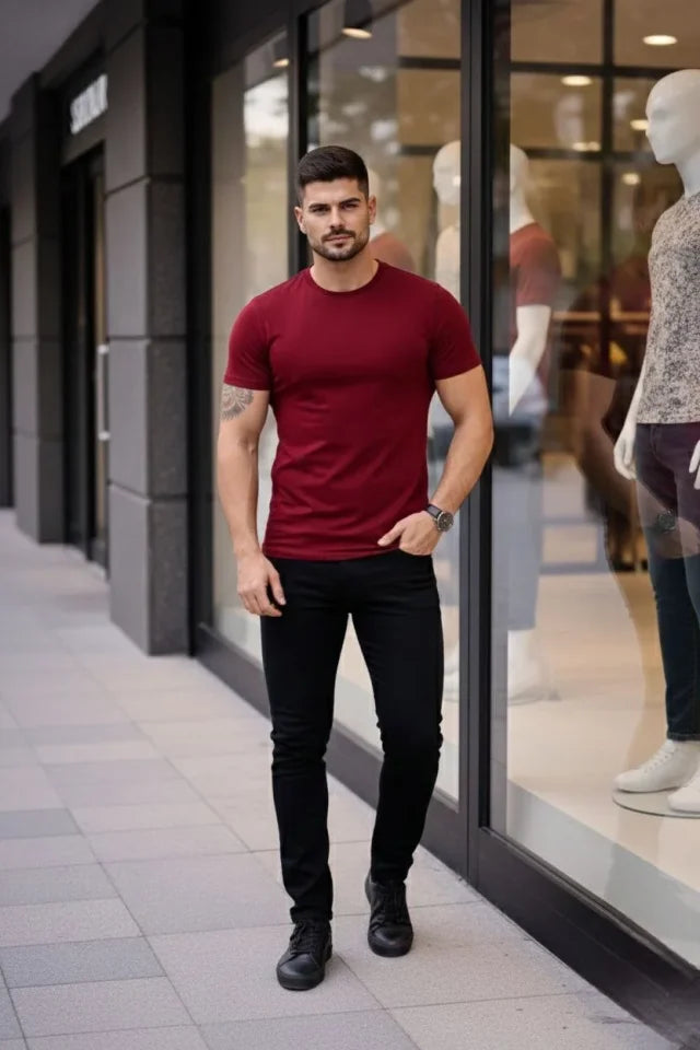 Erkek T-Shirt Bisiklet Yaka Slim Fit Dar Kesim Likralı Tişört Günlük Basic Body - Bordo (184099)