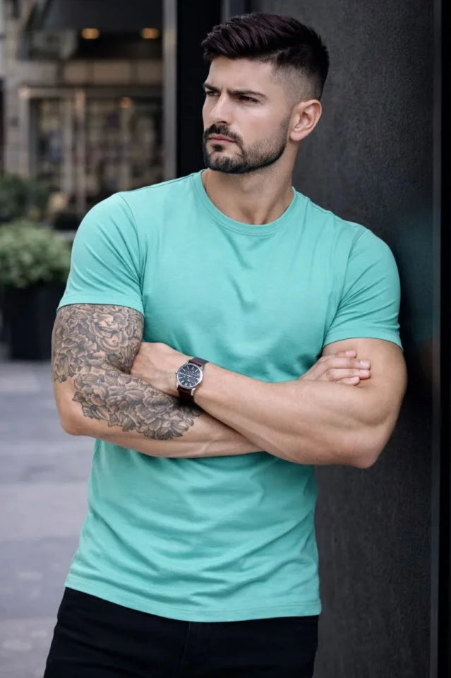 Erkek T-Shirt Bisiklet Yaka Slim Fit Dar Kesim Likralı Tişört Günlük Basic Body - Turkuvaz (184102)