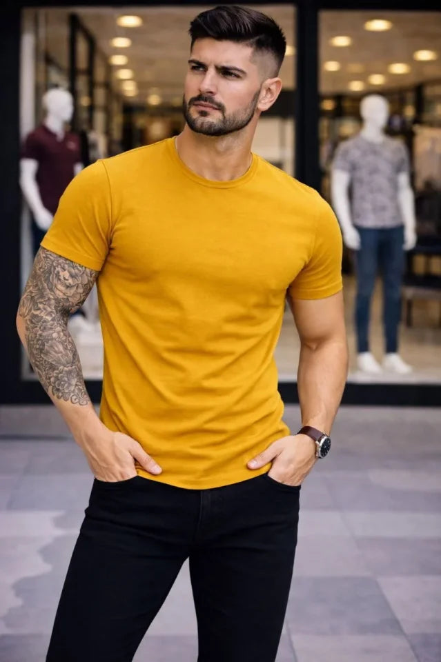 Erkek T-Shirt Bisiklet Yaka Slim Fit Dar Kesim Likralı Tişört Günlük Basic Body - Limon (184103)