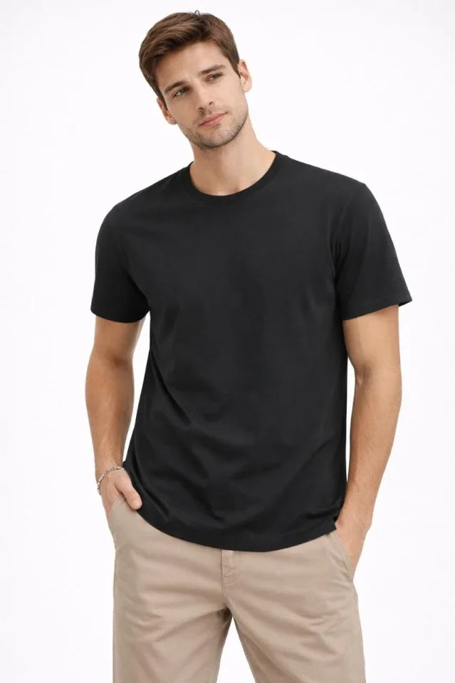 Erkek Bisiklet Yaka Tişört Regular Kalıp Basic Pamuklu Günlük Kullanım T-shirt - Siyah (184260)