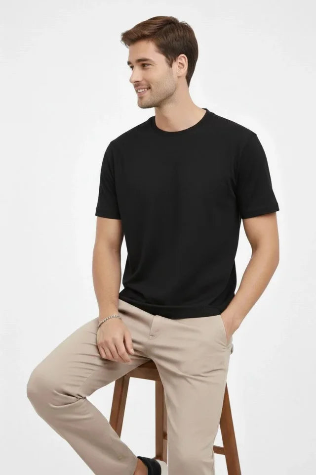 Erkek Bisiklet Yaka Tişört Regular Kalıp Basic Pamuklu Günlük Kullanım T-shirt - Siyah (184260)