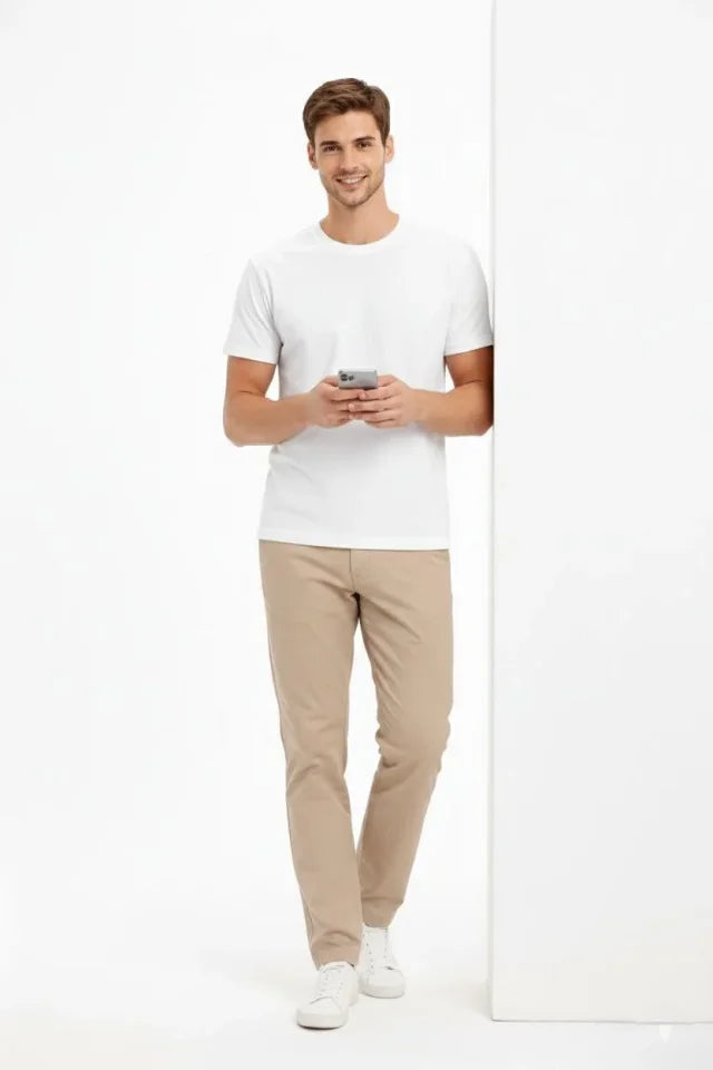 Erkek Bisiklet Yaka Tişört Regular Kalıp Basic Pamuklu Günlük Kullanım T-shirt - Beyaz (184261)
