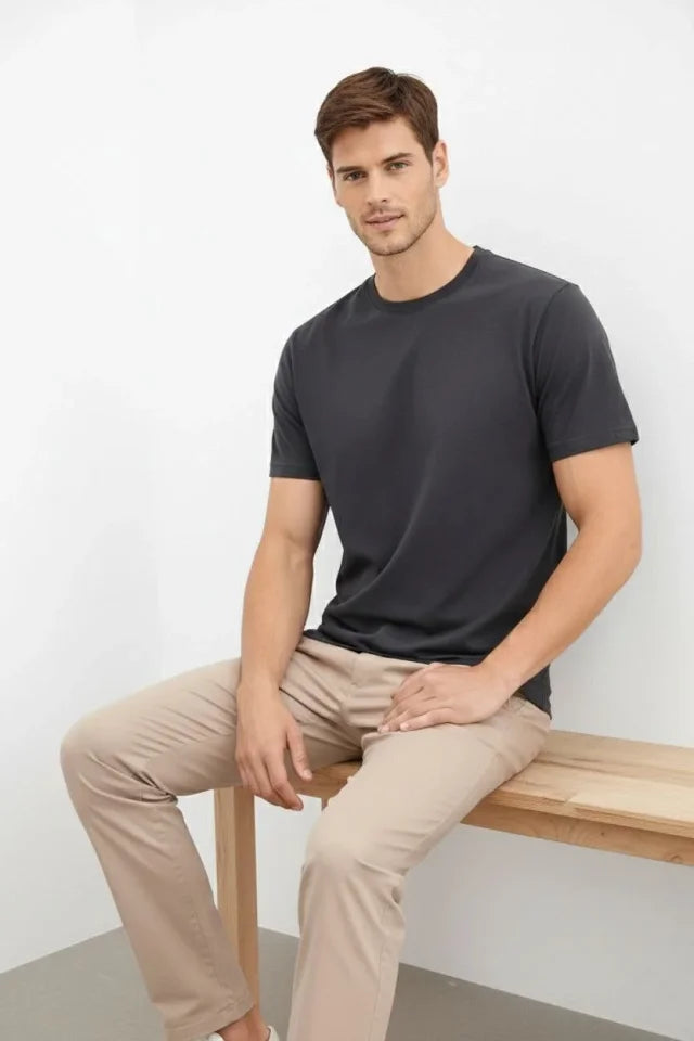 Erkek Bisiklet Yaka Tişört Regular Kalıp Basic Pamuklu Günlük Kullanım T-shirt - Füme (184262)