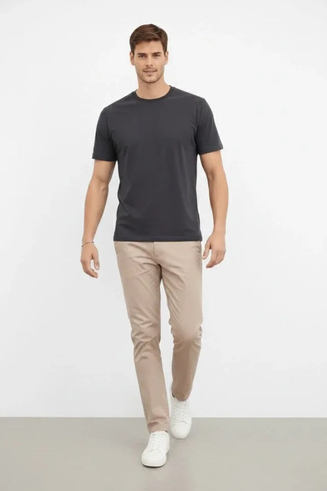 Erkek Bisiklet Yaka Tişört Regular Kalıp Basic Pamuklu Günlük Kullanım T-shirt - Füme (184262)