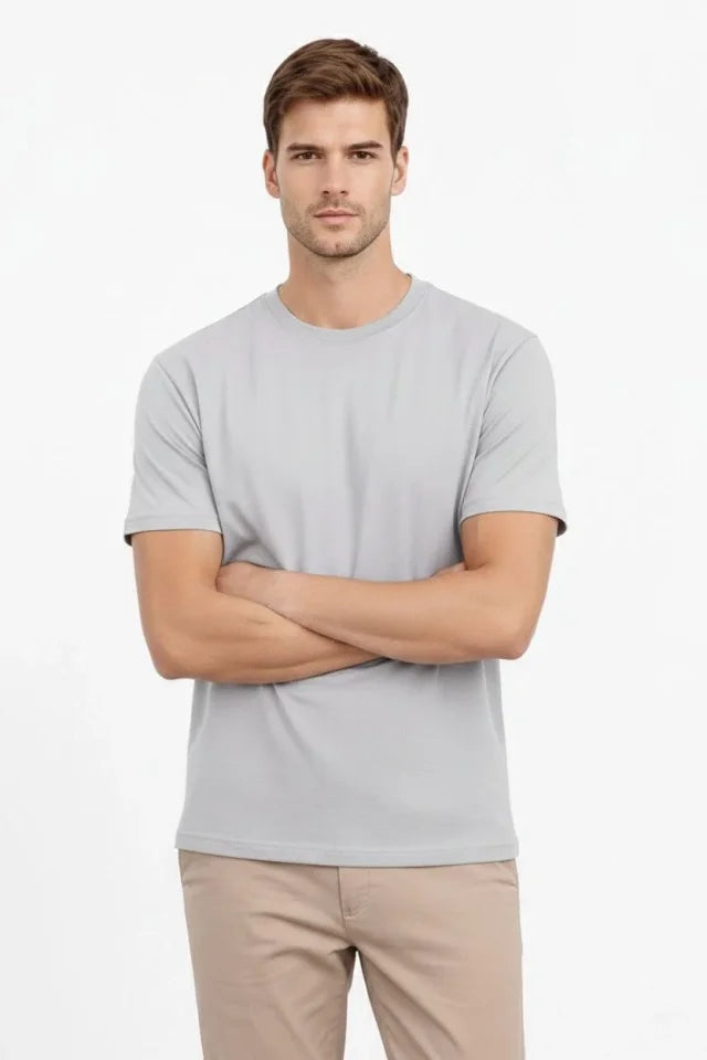 Erkek Bisiklet Yaka Tişört Regular Kalıp Basic Pamuklu Günlük Kullanım T-shirt - Gri (184264)