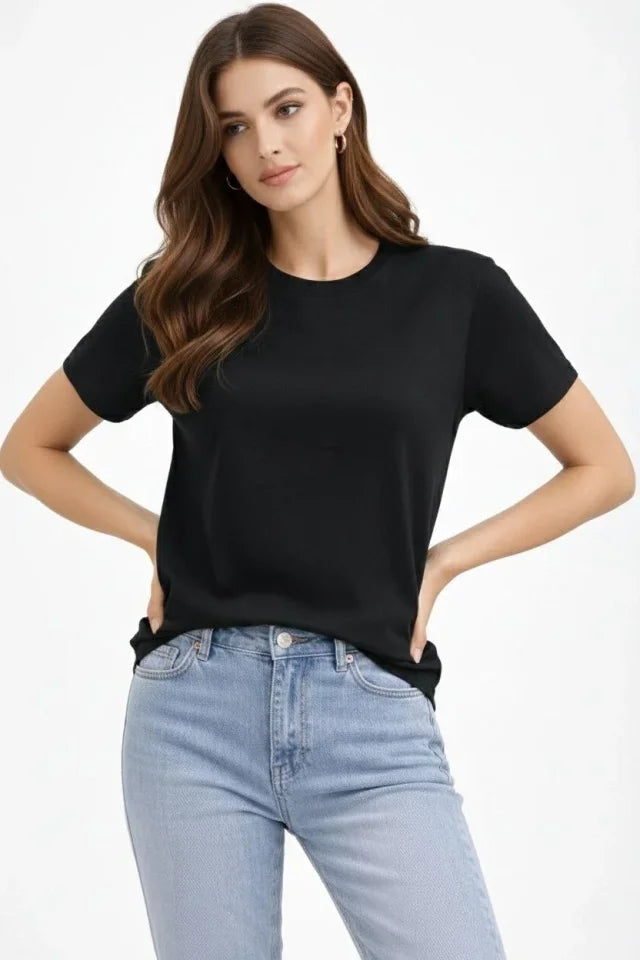 Bisiklet Yaka Tişört Regular Kalıp Basic Pamuklu Günlük Kullanım T-shirt - Siyah (184267)