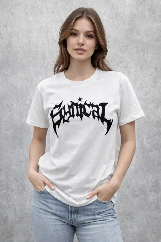 Bisiklet Yaka Ön Baskılı Kısa Kollu Tişört Streetwear Günlük Basic Pamuklu T-shirt - Beyaz (184271)