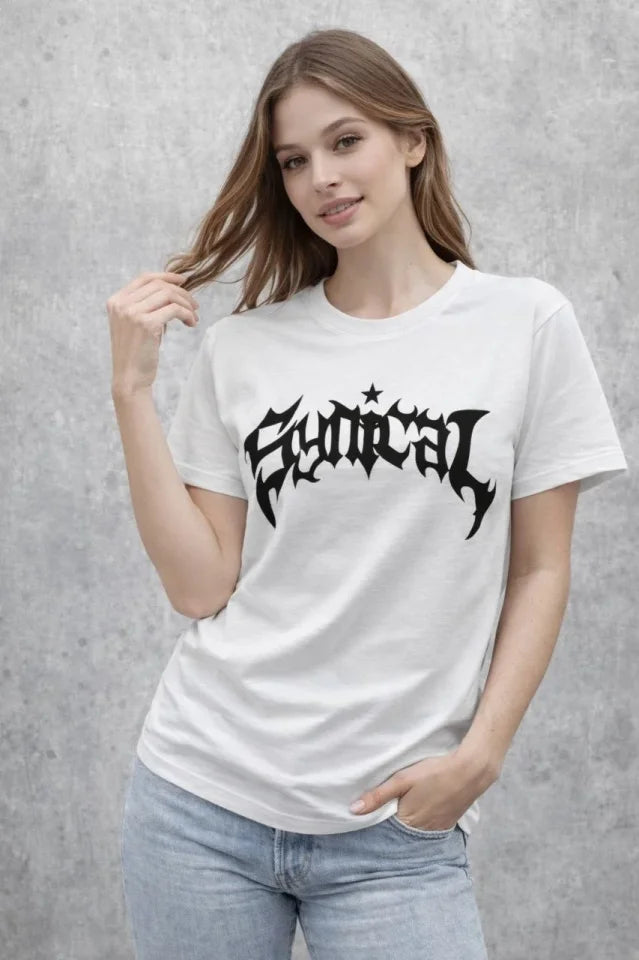 Bisiklet Yaka Ön Baskılı Kısa Kollu Tişört Streetwear Günlük Basic Pamuklu T-shirt - Beyaz (184271)