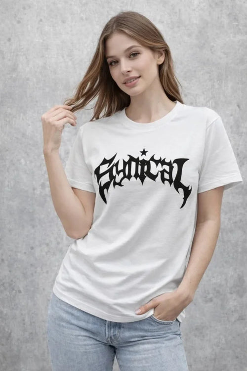 Bisiklet Yaka Ön Baskılı Kısa Kollu Tişört Streetwear Günlük Basic Pamuklu T-shirt - Beyaz (184271)