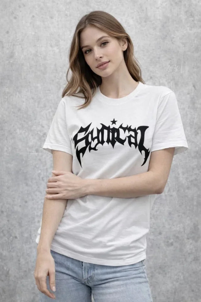 Bisiklet Yaka Ön Baskılı Kısa Kollu Tişört Streetwear Günlük Basic Pamuklu T-shirt - Beyaz (184271)