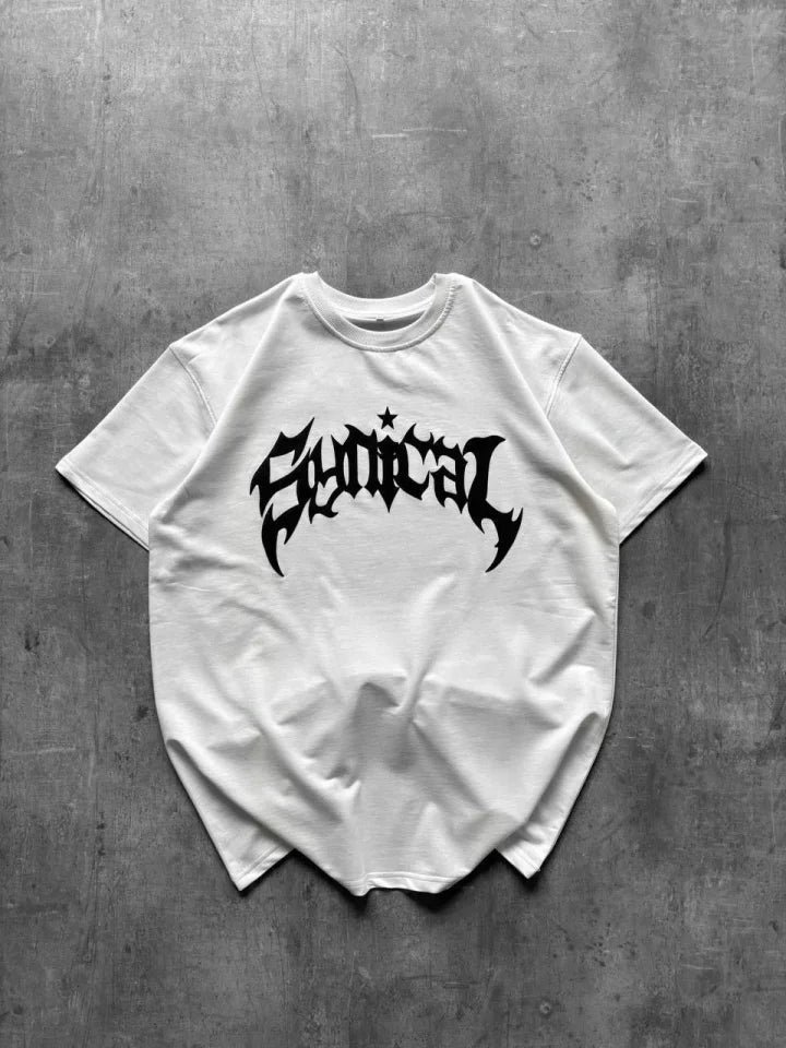 Bisiklet Yaka Ön Baskılı Kısa Kollu Tişört Streetwear Günlük Basic Pamuklu T-shirt - Beyaz (184271)