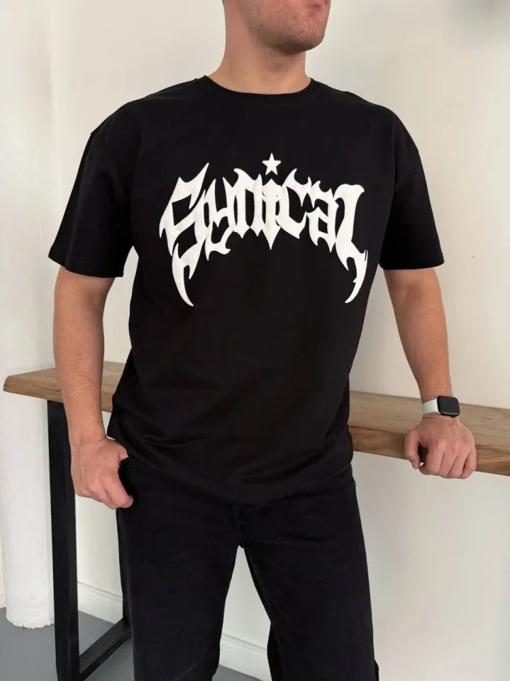 Erkek Bisiklet Yaka Ön Baskılı  Kısa Kollu Tişört Streetwear Günlük Basic Pamuklu T-shirt - Siyah (184272)