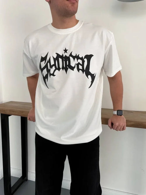 Erkek Bisiklet Yaka Ön Baskılı Kısa Kollu Tişört Streetwear Günlük Basic Pamuklu T-shirt - Beyaz (184273)
