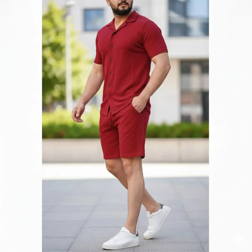 Erkek Waffle Kumaş Kısa Kollu Gömlek Şort Takım Regular Fit Yazlık İkili Set - Bordo (184274)