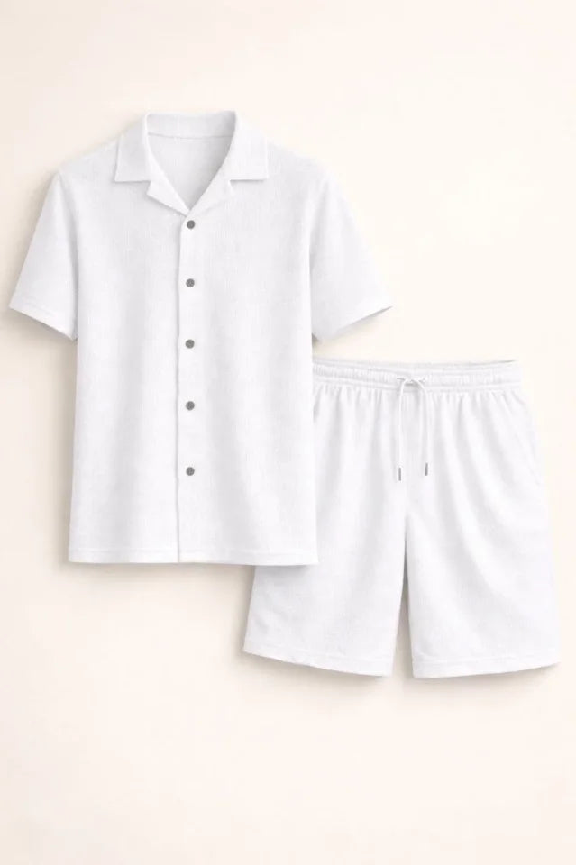 Erkek Waffle Kumaş Kısa Kollu Gömlek Şort Takım Regular Fit Yazlık İkili Set - Beyaz (184276)