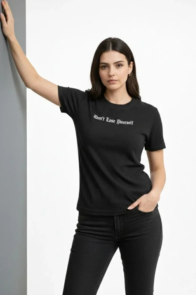 Wafıl Kumaş Tişört Regular Kalıp Bisiklet Yaka Baskılı Günlük Basic T-Shirt - Siyah (184303)