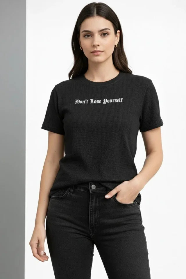 Wafıl Kumaş Tişört Regular Kalıp Bisiklet Yaka Baskılı Günlük Basic T-Shirt - Siyah (184303)