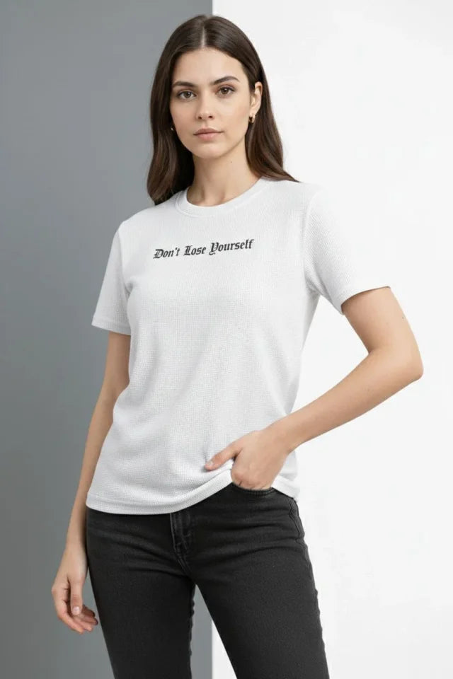 Wafıl Kumaş Tişört Regular Kalıp Bisiklet Yaka Baskılı Günlük Basic T-Shirt - Beyaz (184304)