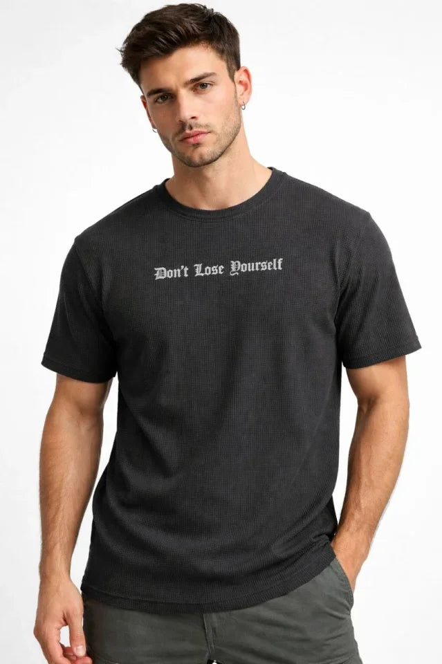 Erkek Wafıl Kumaş Tişört Regular Kalıp Bisiklet Yaka Baskılı Günlük Basic T-Shirt - Siyah (184305)