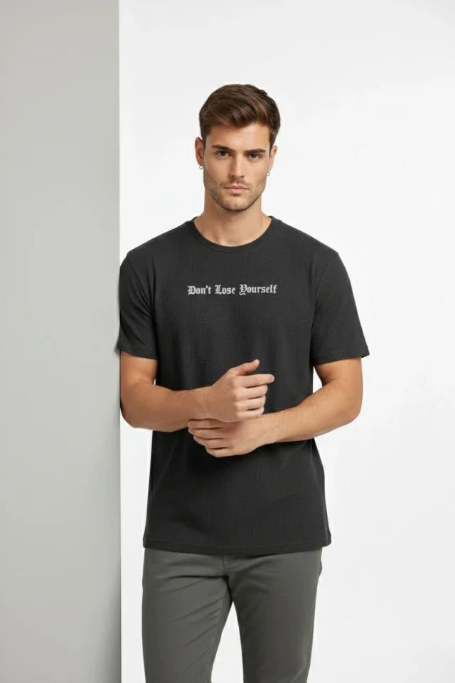 Erkek Wafıl Kumaş Tişört Regular Kalıp Bisiklet Yaka Baskılı Günlük Basic T-Shirt - Siyah (184305)