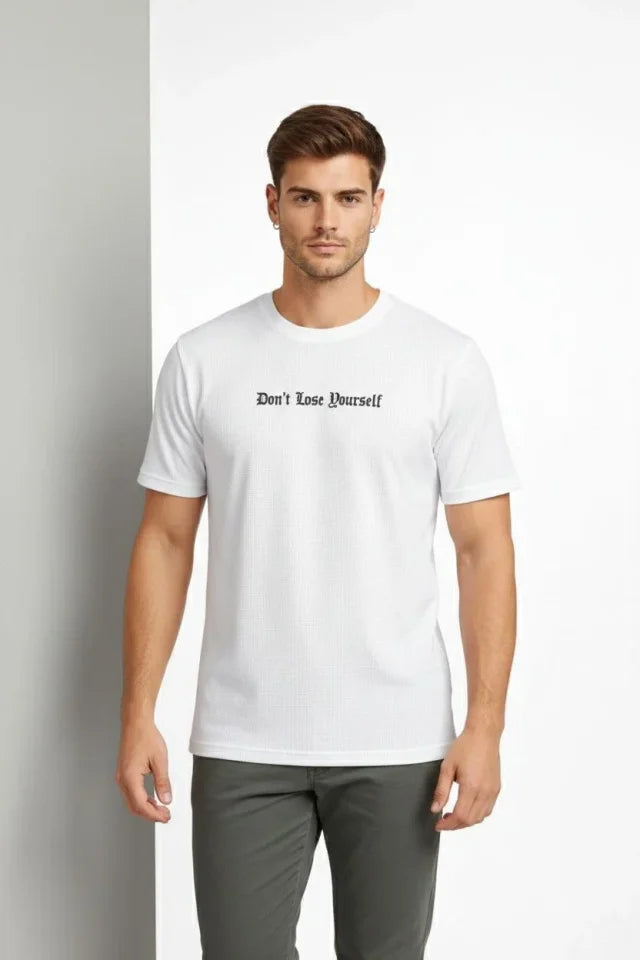 Erkek Wafıl Kumaş Tişört Regular Kalıp Bisiklet Yaka Baskılı Günlük Basic T-Shirt - Beyaz (184306)