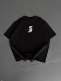 Baskılı Oversize Bisiklet Yaka T-shirt - Siyah (184319)