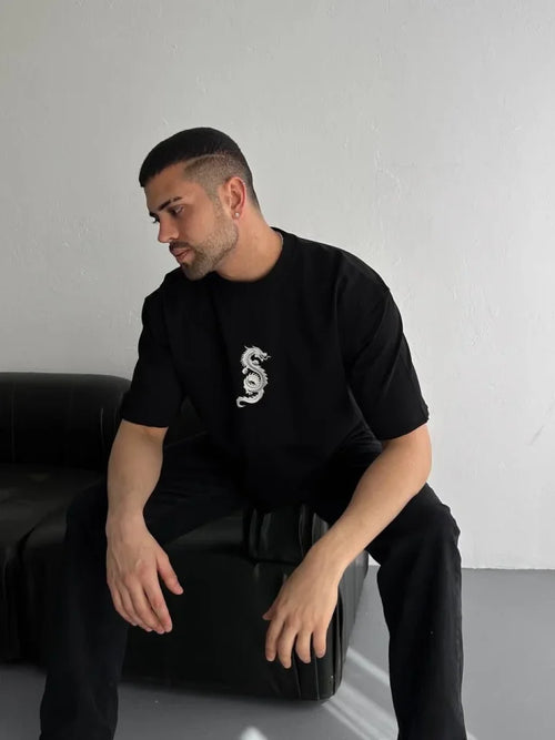 Baskılı Oversize Bisiklet Yaka T-shirt - Siyah (184319)